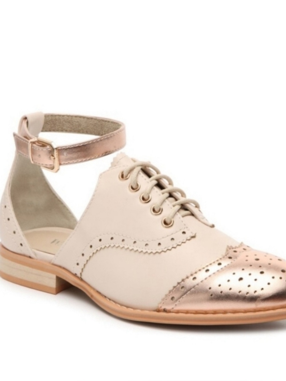 Wanted Beige and Rose Gold Ankle-Strap Brogue Flat